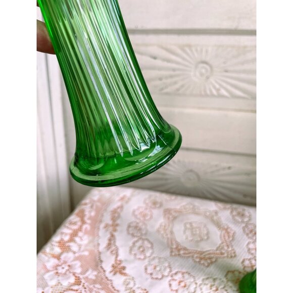 Vintage MCM Pair Ribbed Green Glass Swung Fluted Vases 12" - Picture 7 of 10